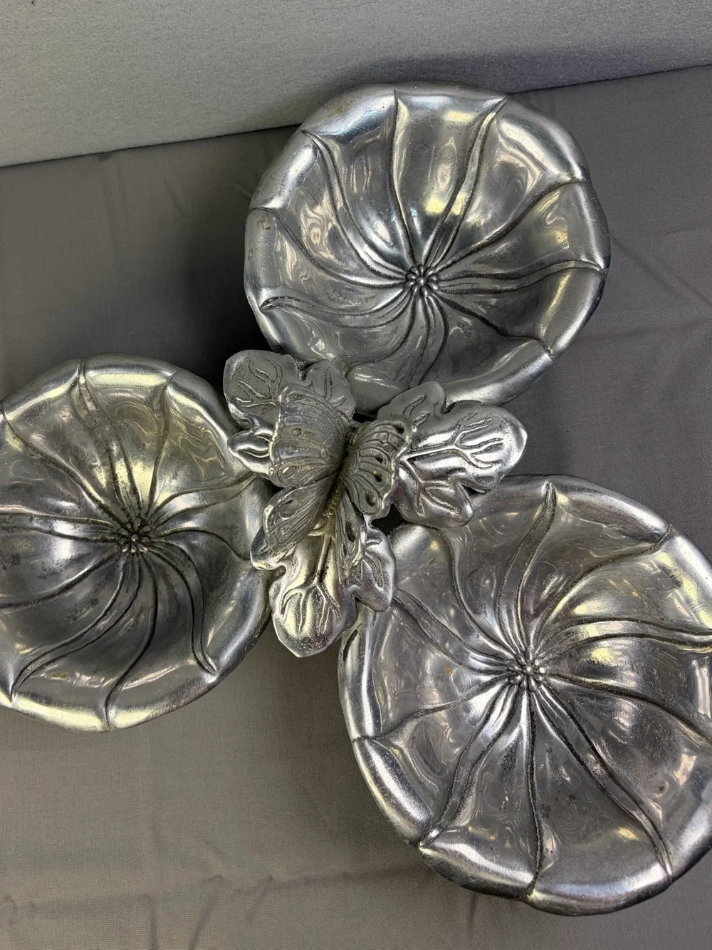Arthur Court Metallic Silver Three-Petal Floral Wall Sculpture with Butterfly